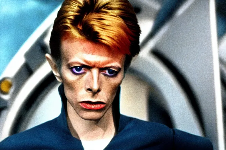 Prompt: a young David Bowie on the bridge of a starship, movie still,color,70mm