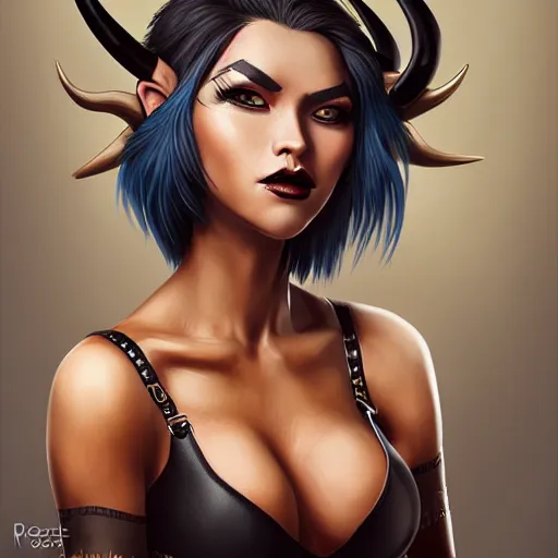 Image similar to illustrated realistic portrait of prong-horned devil woman with blue bob hairstyle and her tan colored skin and with solid black eyes wearing leather by rossdraws