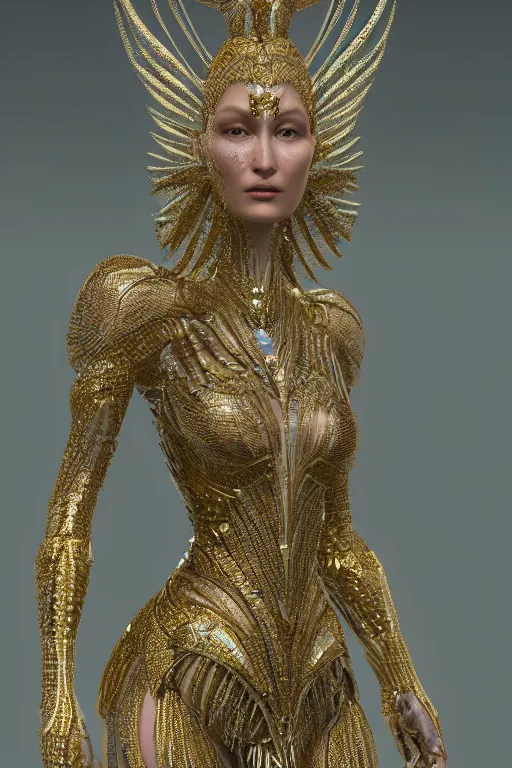 Image similar to a highly detailed metahuman 4 k close up render of an alien goddess bella hadid as durga in iris van herpen dress schiaparelli in diamonds swarovski and jewelry in style of alphonse mucha gustav klimt trending on artstation made in unreal engine 4