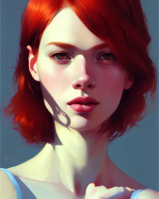 Image similar to stylized portrait of an artistic pose, composition, young redhead, realistic shaded, fine details, realistic shaded lighting poster by ilya kuvshinov, magali villeneuve, artgerm, jeremy lipkin and michael garmash and rob rey