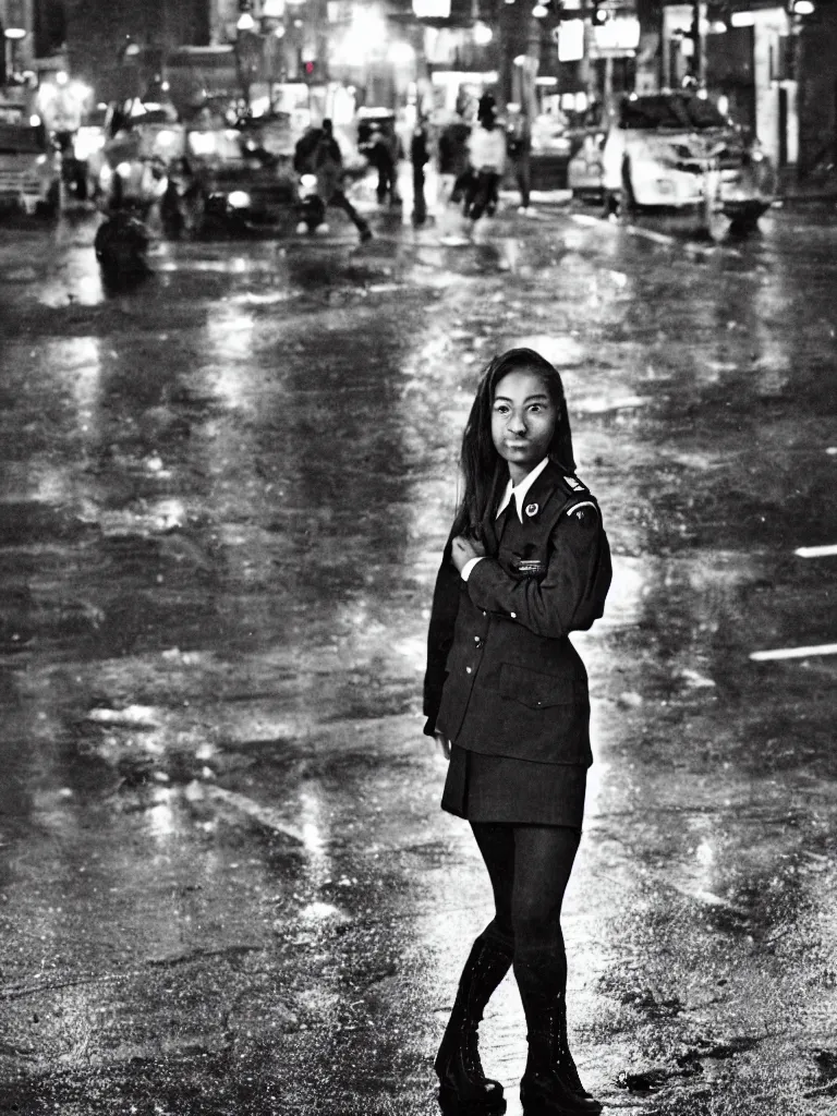 Image similar to night flash portrait photography of a high school girl in uniform on the lower east side by annie leibovitz, colorful, nighttime!, raining!