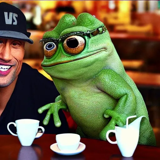 Prompt: Dwayne Johnson and Pepe the frog having coffee in a cafe, Dwayne Johnson, frog, hyperrealistic photograph, 8k,