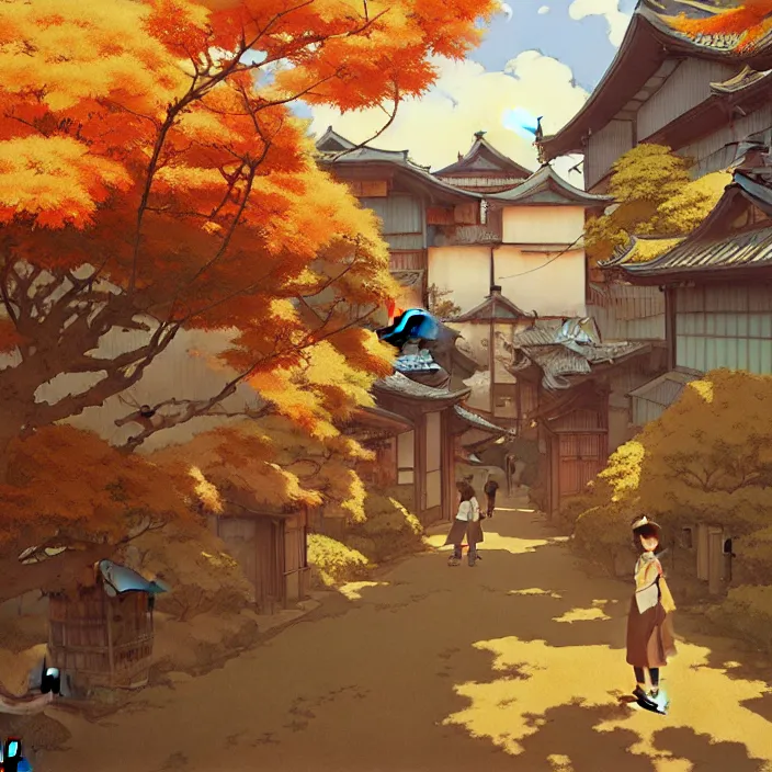 Prompt: japanese rural town, autumn, in the style of studio ghibli, j. c. leyendecker, greg rutkowski, artem