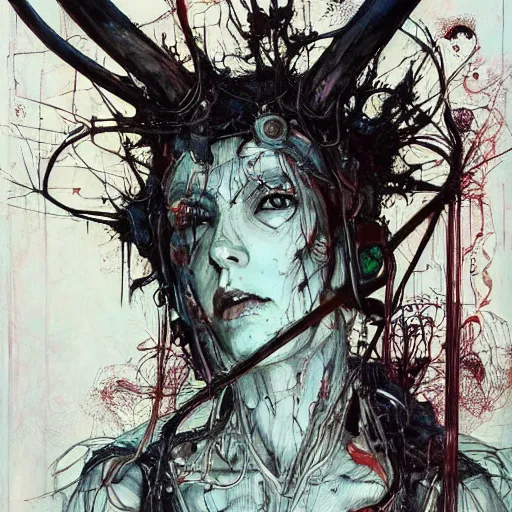 Image similar to tecno pagan god, wires antlers cybernetic implants, machine noir grimcore, in the style of adrian ghenie esao andrews jenny saville surrealism dark art by james jean takato yamamoto and by ashley wood