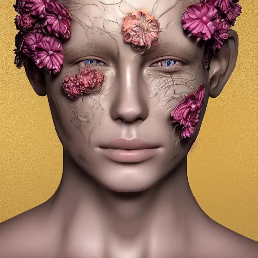 Image similar to beatifull face portrait of a woman, 150 mm, anatomical, flesh, flowers, mandelbrot fractal, facial muscles, veins, arteries, intricate, golden ratio, full frame, microscopic, elegant, highly detailed, ornate, ornament, sculpture, elegant , luxury, beautifully lit, ray trace, unreal, 3d, PBR, in the style of peter Gric , alex grey and Romero Ressendi