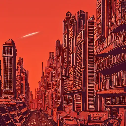 Prompt: in a future city on mars, the sky is a deep red and the buildings are tall and thin. the streets are crowded with people and cars. the air is thin and cold