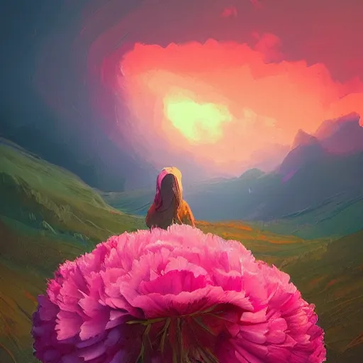 Prompt: giant carnation flower head, girl hiking in the mountains, surreal photography, sunrise, dramatic light, impressionist painting, colorful clouds, digital painting, artstation, simon stalenhag