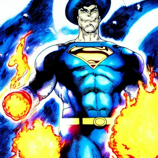 Image similar to a man in a blue suit standing in front of a fire ball, a comic book panel by jim lee, featured on deviantart, rayonism, dc comics, apocalypse art, parallax