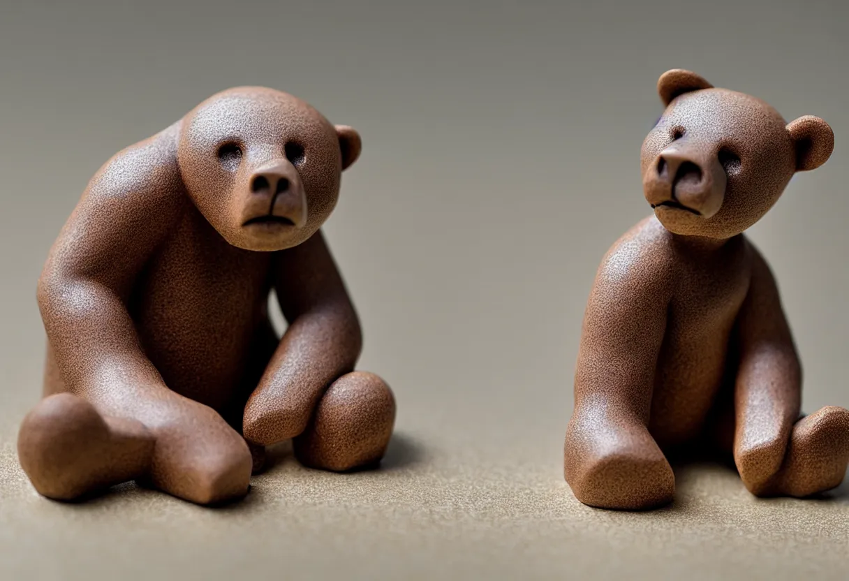 Image similar to clay bear figurine stylized on a marble table, hyper realism, low depth of field