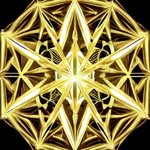 Prompt: merkabah symbol, 3 dimensional, gold outline, rays, shine, luminescent, translucent, sacred geometry - n 5