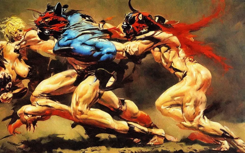 Prompt: frank frazetta painting of a brutal fight between a panther and a warrior with blond hair, oilpainting, smooth,