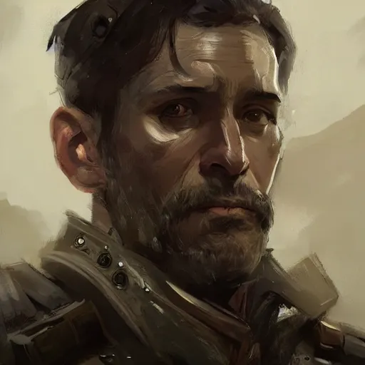 Image similar to Portrait of a man by Greg Rutkowski, he is about 40 years old, english pirate features, attractive, military composure, short brown hair, chilean, father image vibes, he is wearing futuristic military fatigues, highly detailed portrait, digital painting, artstation, concept art, smooth, sharp foccus ilustration, Artstation HQ.