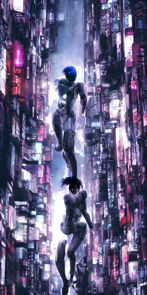 Prompt: ghost in the shell. cyborg running down the narrow street. cyberpunk city.