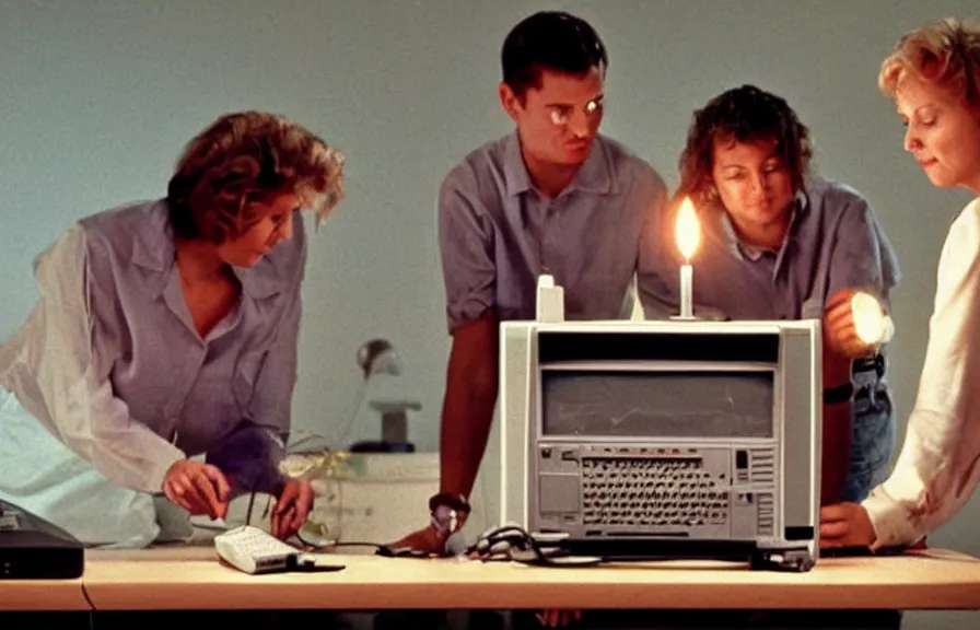 Prompt: 1990s color commercial still of three people looking at an old computer on a desk. The computer screen is glowing with occult diagrams. There are candles on a desk. The computer glow is lighting people's faces. Grainy, cinematic, glitch