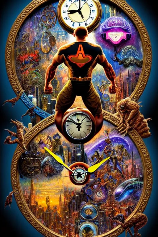 Prompt: intricate American superhero clocks james gurney, dan luvisi, Petros Afshar, tim hildebrandt, liam wong, Mark Riddick, thomas kinkade, ernst haeckel, dan mumford, trending on artstation, josephine wall, WLOP, cgsociety by Gediminas Pranckevicius, trending on cgsociety and DeviantArt