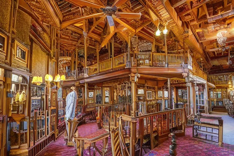 Image similar to full - color photo of the interior of the winchester mystery house. the interior architecture and layout are illogical, surreal, bizarre, complicated, and labyrinthine. there is a faintly - visible victorian ghost lurking and hiding.