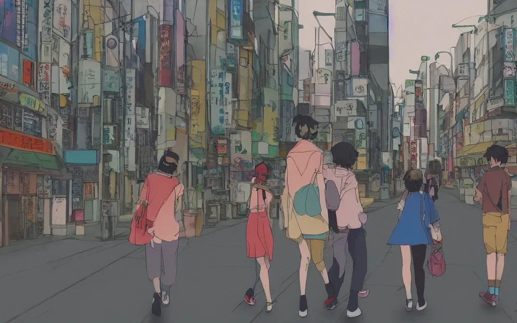 Prompt: 3 humans walking in a city mixed between tokyo and paris, near the see, lofi, dreamy, modofy, very colorful, anime inspiration, ghibli vibe