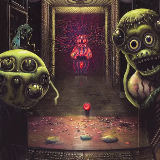 Prompt: a hyperrealistic painting of a haunted hotel lobby with spooky pepe the frog abducted by portals and aliens, random cows, cinematic horror by chris cunningham, lisa frank, richard corben, highly detailed, vivid color, beksinski painting, part by adrian ghenie and gerhard richter. art by takato yamamoto. masterpiece