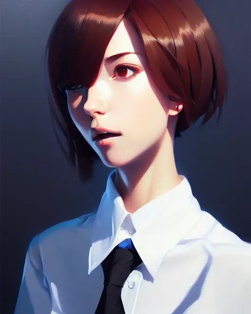 Prompt: a ultradetailed beautiful portrait panting of a stylish woman wearing a shirt with a tie, by ilya kuvshinov, greg rutkowski and makoto shinkai, trending on artstation