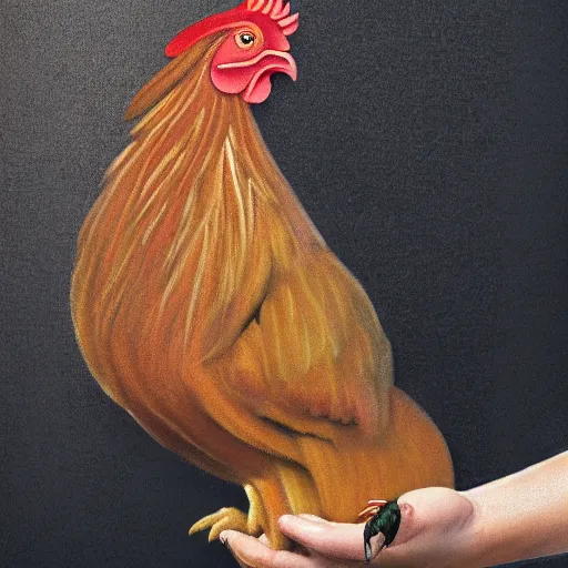 Image similar to A realistic image of a very sas woman holding a rooster in her hands, ultra high detail, 8k.