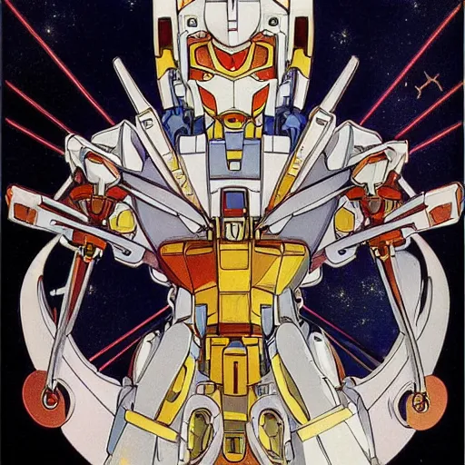 Image similar to anime manga mecha gundam robot astronaught with angel wings portrait by Alphonse Mucha art nuevou