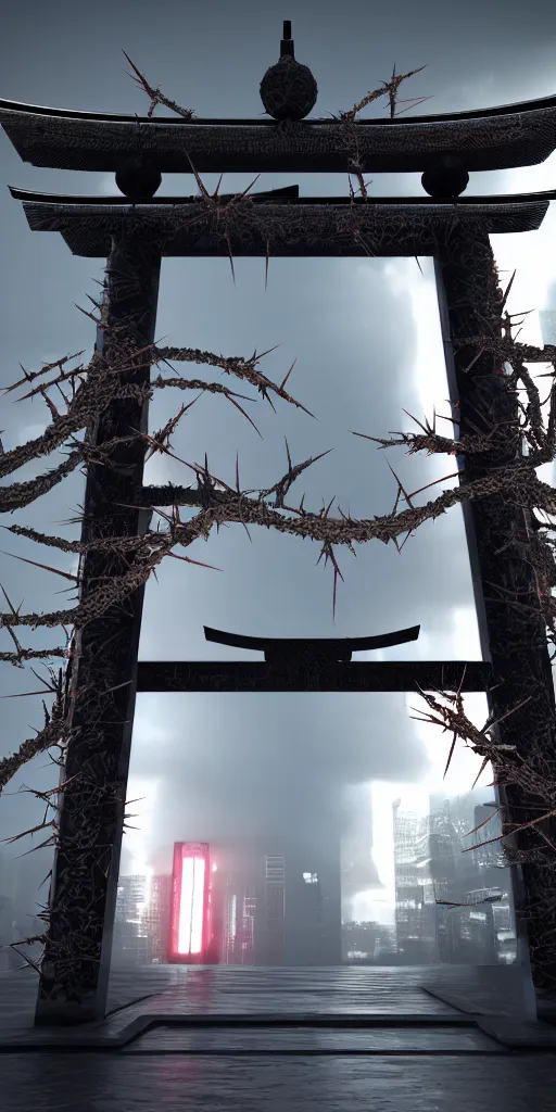 Image similar to 3 d render of a torii gate sculpture made of chrome, chrometype, made of liquid metal, fractal neotribal with thorns and thunders, cyberpunk japanese temple, raytraced, hyper realistic, volumetric lightning, 8 k, by zhelong xu, ouchh and and innate studio