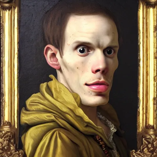 Image similar to A 17th century Baroque Painting of iDubbbz, grainy, realistic, hyperrealistic, very realistic, very very realistic, highly detailed, very detailed, extremely detailed, detailed, digital art, trending on artstation, detailed face, very detailed face, very detailed face, realism, HD Quality, 8k resolution, intricate details, body and head in frame, painting, oil painting, trending on deviantart, Baroque Painting