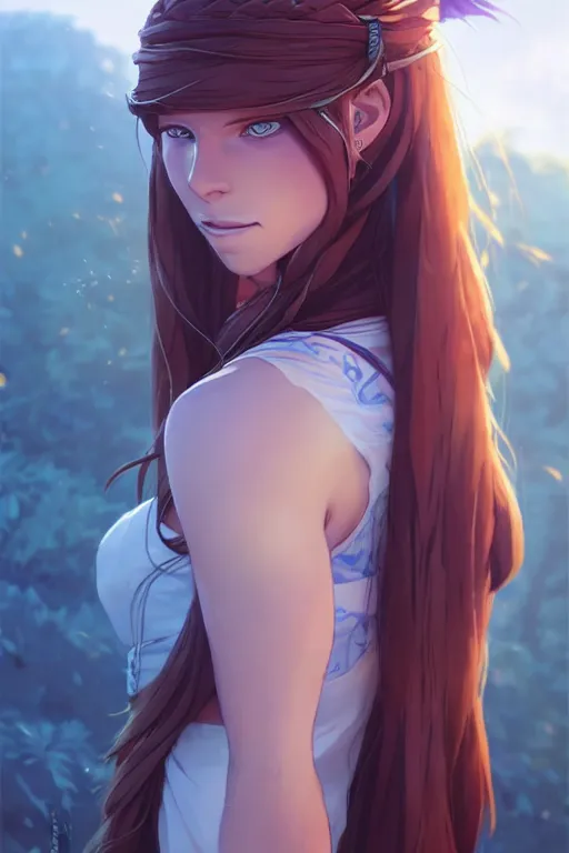 Prompt: long ginger hair, tanned woman in a prehistoric outfit, green eyes, by artgerm, hair tied in a ponytail, white backdrop, soft lighting, blue and purple colors, by greg rutkowski makoto shinkai takashi takeuchi