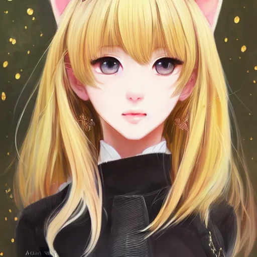 Image similar to realistic beautiful gorgeous natural cute Blackpink Lalisa Manoban blonde hair cute fur blonde cat ears in maid dress outfit golden eyes artwork drawn full HD 4K highest quality in artstyle by professional artists WLOP, Taejune Kim, Guweiz, ArtGerm on Artstation Pixiv