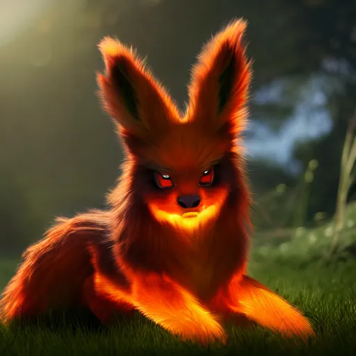 Image similar to photography of a realistic flareon animal, ultra detailed, 8 k, cinematic lighting, natural background, trending on artstation, pokemon