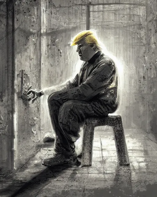 Prompt: a headshot portrait of Donald trump sitting on the floor of a filthy rat infested concrete jail, dimly lit, volumetric lighting, wearing a orange jumpsuit in jail by craig mullins, octane,