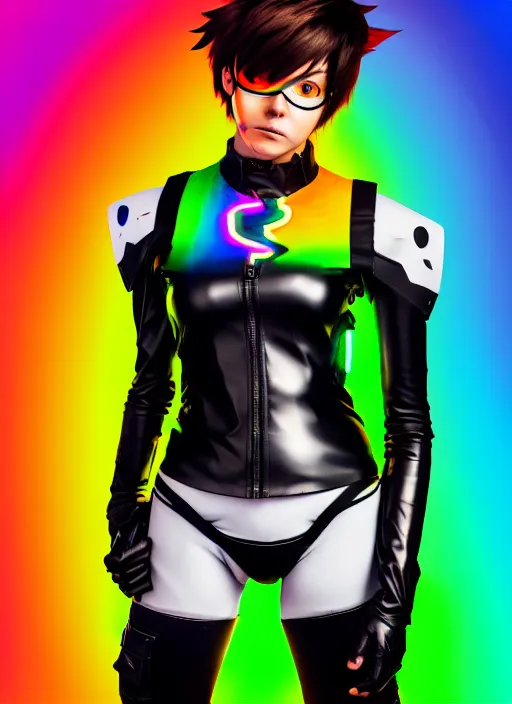 Image similar to full body overwatch style oil painting portrait of tracer overwatch, confident pose, wearing black jagged iridescent rainbow latex armor, rainbow, neon, 4 k, expressive surprised expression, makeup, wearing large rainbow neon choker, studio lighting, black leather harness, expressive detailed face and eyes,