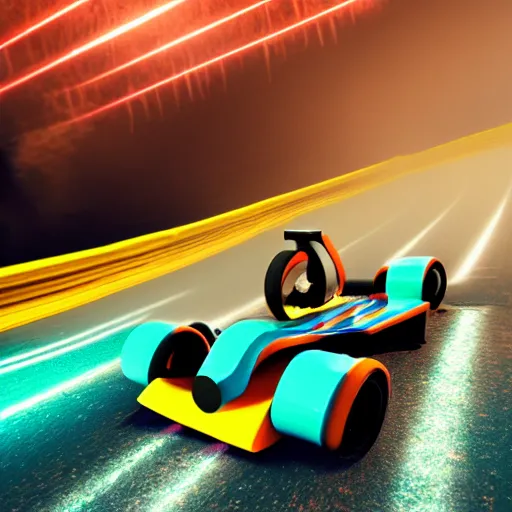 Prompt: go - kart racer taking a corner at speed on a race track, motion blur, laser, smoke, debris, fast movement, artistic angle, light streaks, dark mood, night time, octane render, intricate detail, teal and orange colour palette