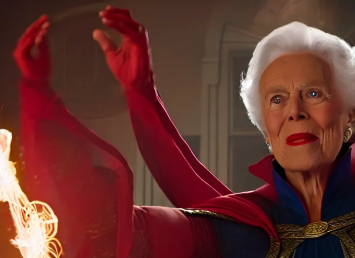 Image similar to film still of barbara bush as dr strange using magic in multiverse of madness, 8 k