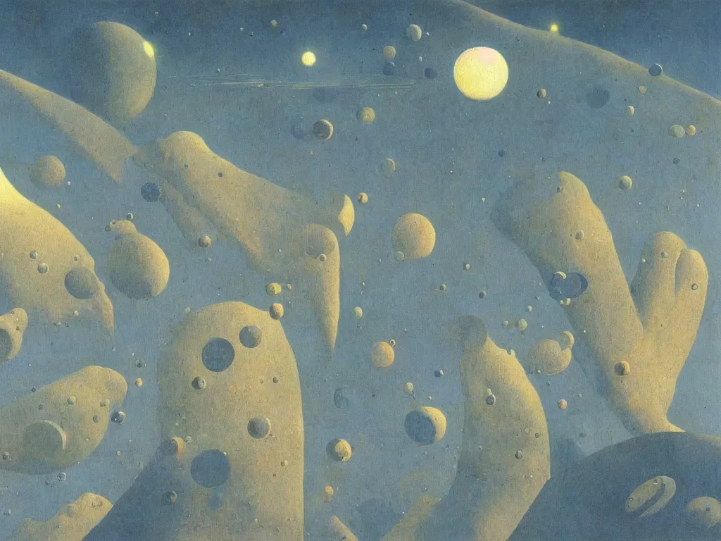 Image similar to white dream bot mothership crashed in the crater of pelt and carbon. painting by max ernst, agnes pelton, rene magritte, moebius