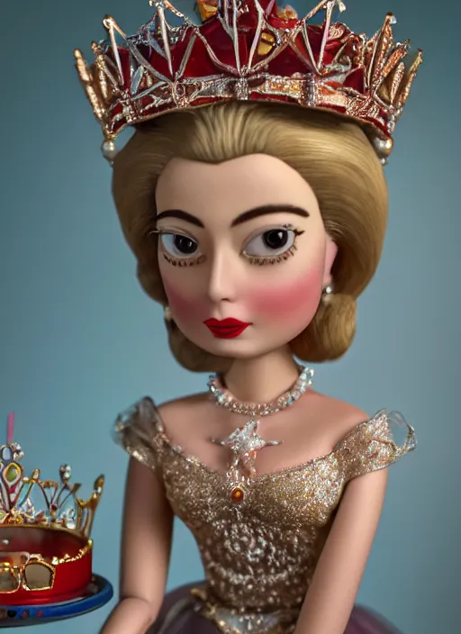 Image similar to closeup face profile portrait of tin toy grace kelly as a fairytale princess wearing a crown eating cakes, bikini, depth of field, zeiss lens, detailed, symmetrical, centered, fashion photoshoot, by nicoletta ceccoli, mark ryden, lostfish, breathtaking, 8 k resolution, extremely detailed, beautiful, establishing shot, artistic, hyperrealistic, octane render