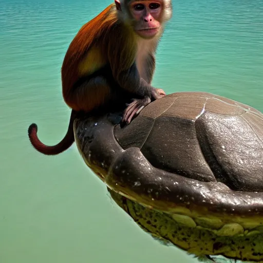 Prompt: nature photograph of a monkey sitting on the back of a turtle. national geographic