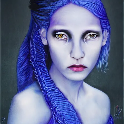 Prompt: The dragon girl portrait, portrait of young girl half dragon half human, dragon girl, dragon skin, dragon eyes, dragon crown, blue hair, long hair, highly detailed, cinematic lighting, Oil on canvas by David Lynch