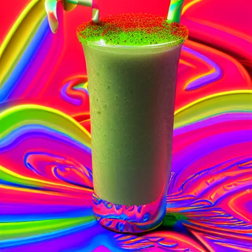 Image similar to cherry limeade smoothie, good trip vibes, intricate complexity, surreal horror, psychedelic glitch art, neon rainbow drip paint, trending on art station, photoreal, 8 k, octane render