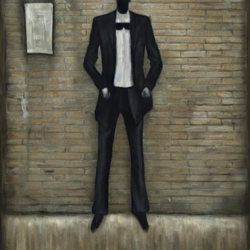 Image similar to a perfect, realistic professional oil painting of slender man posing in a dystopian alleyway, close-up, by a professional American senior artist on ArtStation, a high-quality hollywood-style concept