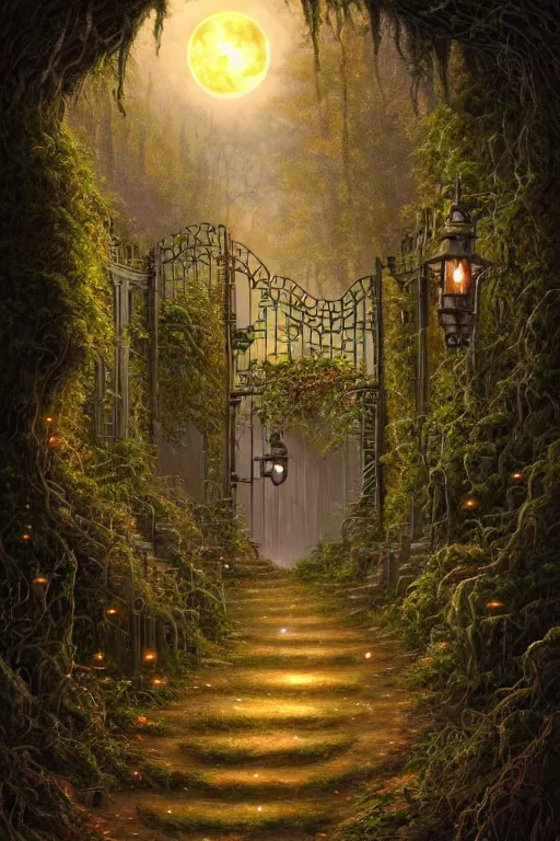 Image similar to a beautiful digital illustration painting of a detailed gothic fantasy fireflies forest trees and iron gate cobblestone pathway vines full moon by justin gerard, james gurney, 8 k resolution trending on artstation concept art digital illustration