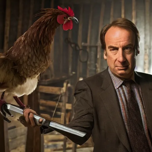 Prompt: saul goodman and a rooster in a medieval torture chamber, saw blades and knives in the background, horror movie, saul goodman!!!!!, rooster!!!!, real life photo, detailed face