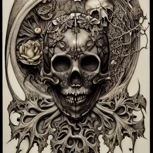 Prompt: memento mori by arthur rackham, art forms of nature by ernst haeckel, photorealistic ultra - detailed octane render, art nouveau, gothic, ornately carved beautiful skull mask dominant, intricately carved ornamental antique bone, art nouveau botanicals, art forms of nature by ernst haeckel, horizontal symmetry, symbolist, visionary