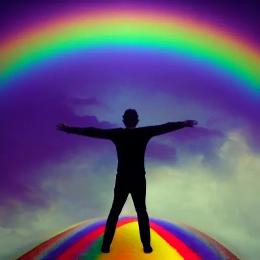 Image similar to a man standing on top of a hill under a rainbow, a matte painting by Gabriel Dawe, trending on pexels, psychedelic art, iridescent, sense of awe, psychedelic