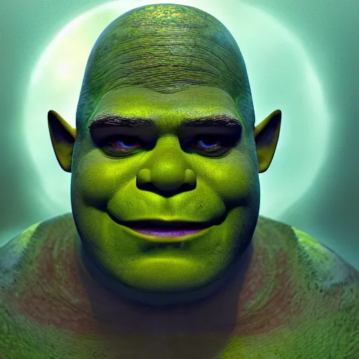 Image similar to photorealistic shrek in the style of michael whelan and gustave dore. hyperdetailed photorealism, 1 0 8 megapixels, fully clothed, lunar themed attire, amazing depth, glowing rich colors, powerful imagery, psychedelic overtones, 3 d finalrender, 3 d shading, cinematic lighting, face portrait, artstation concept art