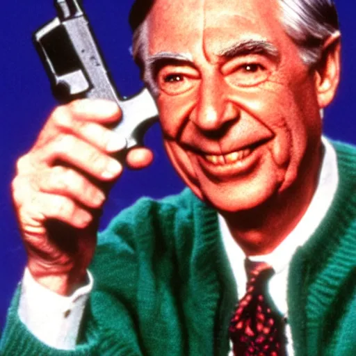Image similar to Mr. Rogers holding a gun