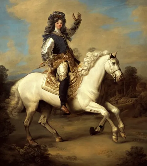 Image similar to a painting of a man riding a white horse, a flemish baroque by elisabeth vigee le brun, behance, rococo, rococo, flemish baroque, dutch golden age