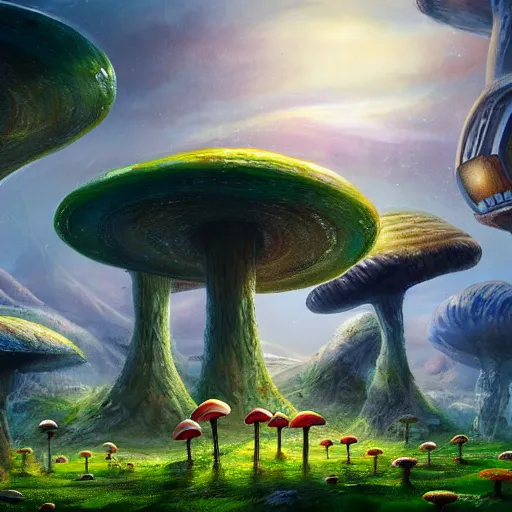 Prompt: an alien landscape with giant mushrooms and plants. Some alien animals are walking around. In the background you can see a futuristic city. Happy, uplifting. Detailed digital matte painting