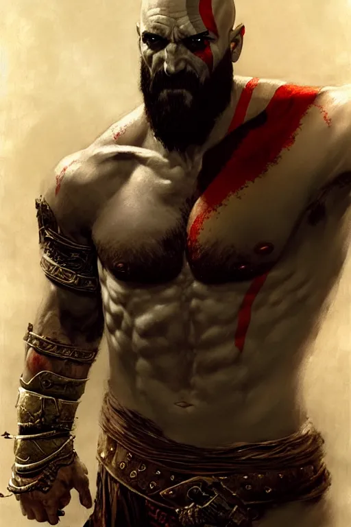 Image similar to god of war kratos half body detailed portrait dnd, painting, brush strokes by gaston bussiere, craig mullins, greg rutkowski, yoji shinkawa