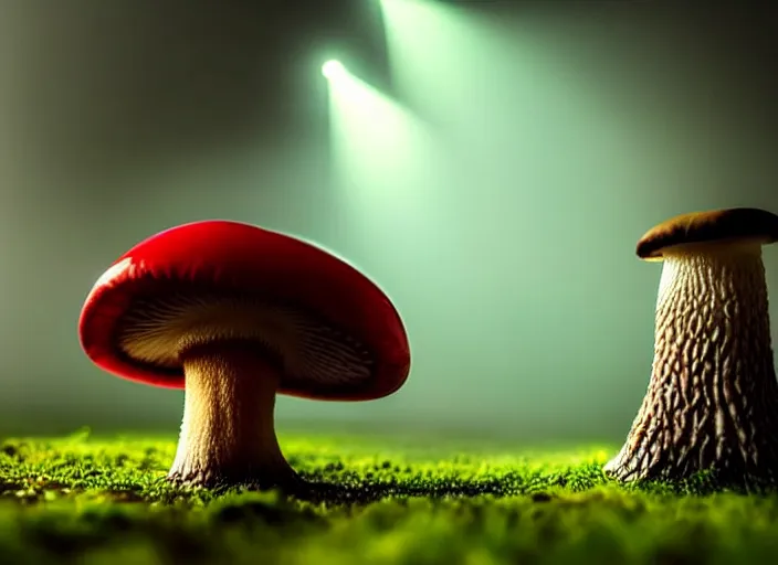 Image similar to a cute creature sitting next to a mushroom, fog filled, spotlights shine down from the watchtowers, perfectly lit face, ultra realistic, depth, beautiful lighting